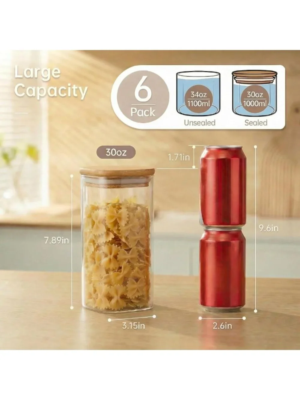 Set of 6 Square Glass Jars with Bamboo Lids - Airtight Food Storage Canisters